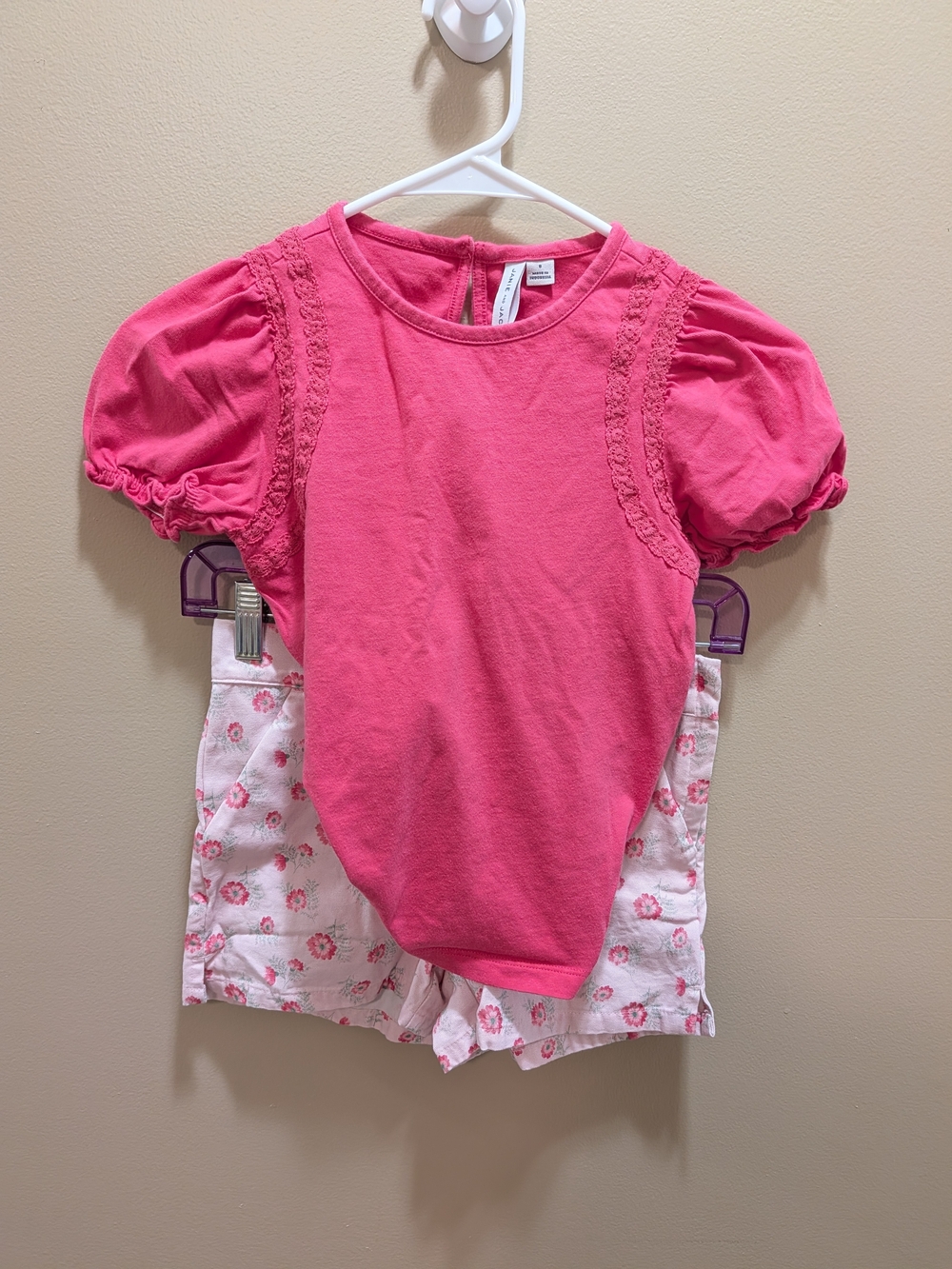 Janie and Jack Pink Puff Sleeve Top with Floral Shorts Set Size 8